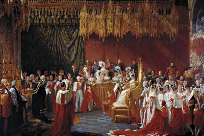 2bpb1w5 maalaus Englannin kuningatar victorian kruunajaisista kuningatar Viktorian kruunajaiset Westminster Abbeyssä, 28. kesäkuuta 1838, sir George Hayter, öljy kankaalle, 1839