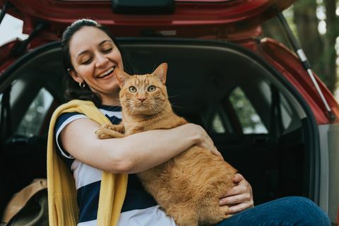 nainen pitelee kissaa autossa