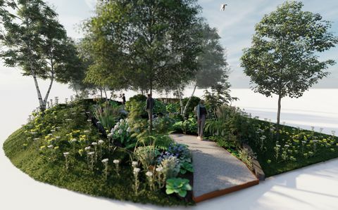 rhs forest uimapuutarha, rhs feature garden, suunnittelija dave green, rhs hampton court palatsin puutarhafestivaali 2022