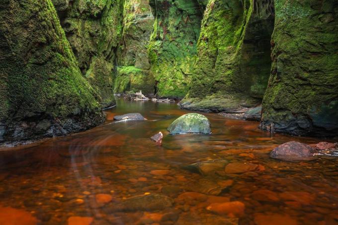 Verenpunainen joki vihreässä rotkossa. Devil's Pulpit, Finnich Glen, lähellä Killearnia, Skotlanti, Yhdistynyt kuningaskunta