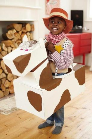 pieni poika pukeutunut cowboyksi, jossa on cowboy-hattu ja ruudullinen paita ja bandana, pahvihevonen vyötäröllä