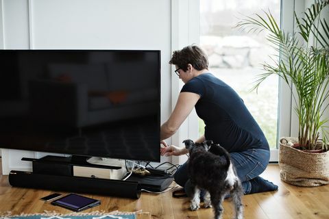 raskaana oleva nainen järjestää television kaapeleita polvistuessaan koiran toimesta olohuoneessa