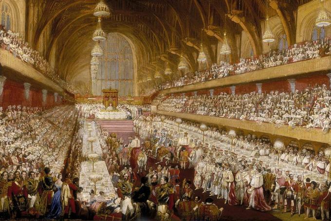 kuningas George IV: n kruunausjuhla westminster-salissa, 1821 kahdessa pöytärivissä salin molemmilla puolilla oli ikätovereiden miehitti ja aatelisto istuivat kahdessa yläkerrassa, eivätkä he osallistuneet itse juhlaan, kuningas istuu ylimmässä pöydässä, hevosen selässä, mukaan lukien panssariritari keskikäytävässä keskiaikainen sali oli lontoolaisen elämän keskus ja seisoo edelleen tänään valokuva Museum of londonheritage imagesgetty kuvia