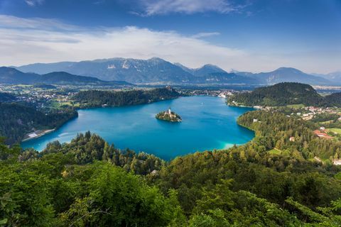 sininen järvi metsän ympäröimänä sloveniassa