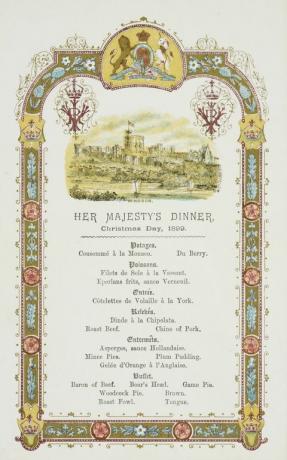 Ruokalista kuningatar Victorian illalliselle, joulupäivänä 1899.