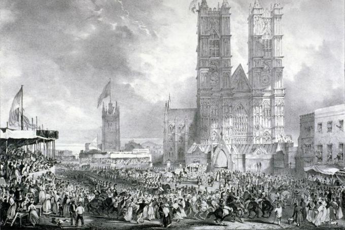 westminster abbey, lontoo, 1837 näkymä westminsterin luostarin länsirintamasta kuningatar victorian kruunajaisten kulkueen aikana valokuva guildhall kirjasto taidegalleriaheritage imagesgetty images