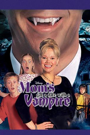 elokuvan juliste äidit saivat päivämäärän vampyyrin kanssa, joka näyttää hymyilevän äidin keskellä kolmen kanssa lapset, jotka ympäröivät häntä peloissaan kasvoilla, hymyilevän suun taustalla, joka osoittaa vampyyriä hampaat