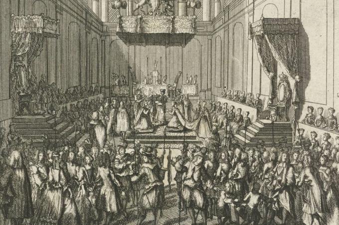 2jc9d04 Englannin kuninkaan George ii: n ja hänen vaimonsa kruunaus westminsterin luostarissa, Lontoossa, 11. tai 22. lokakuuta 1727 hollanniksi ja ranskaksi kuvatekstit suuresta levystä, jossa on yhdeksän tapahtumia vuodelta 1727, Englannin kuninkaan George ii: n kruunauksesta 22. lokakuuta 1727, Englannin kuningas ja kuningatar kruunattiin Lontoossa unohtumattomalla loistolla ja ilman häiriötä tavallisten ihmisten ja suuren iloksi, painontekijä leonard schenk, adolf van der laan, kustantaja pieter schenk ii, mainittu esineessä, amsterdam, 1727 1729, paperi, etsaus, korkeus 157 mm × leveys